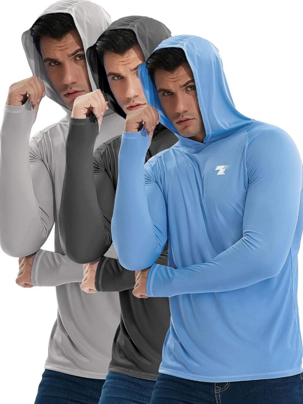 3 Pack Men's Sun Protection Hoodie Shirts - UPF 50+, Lightweight, Quick Dry